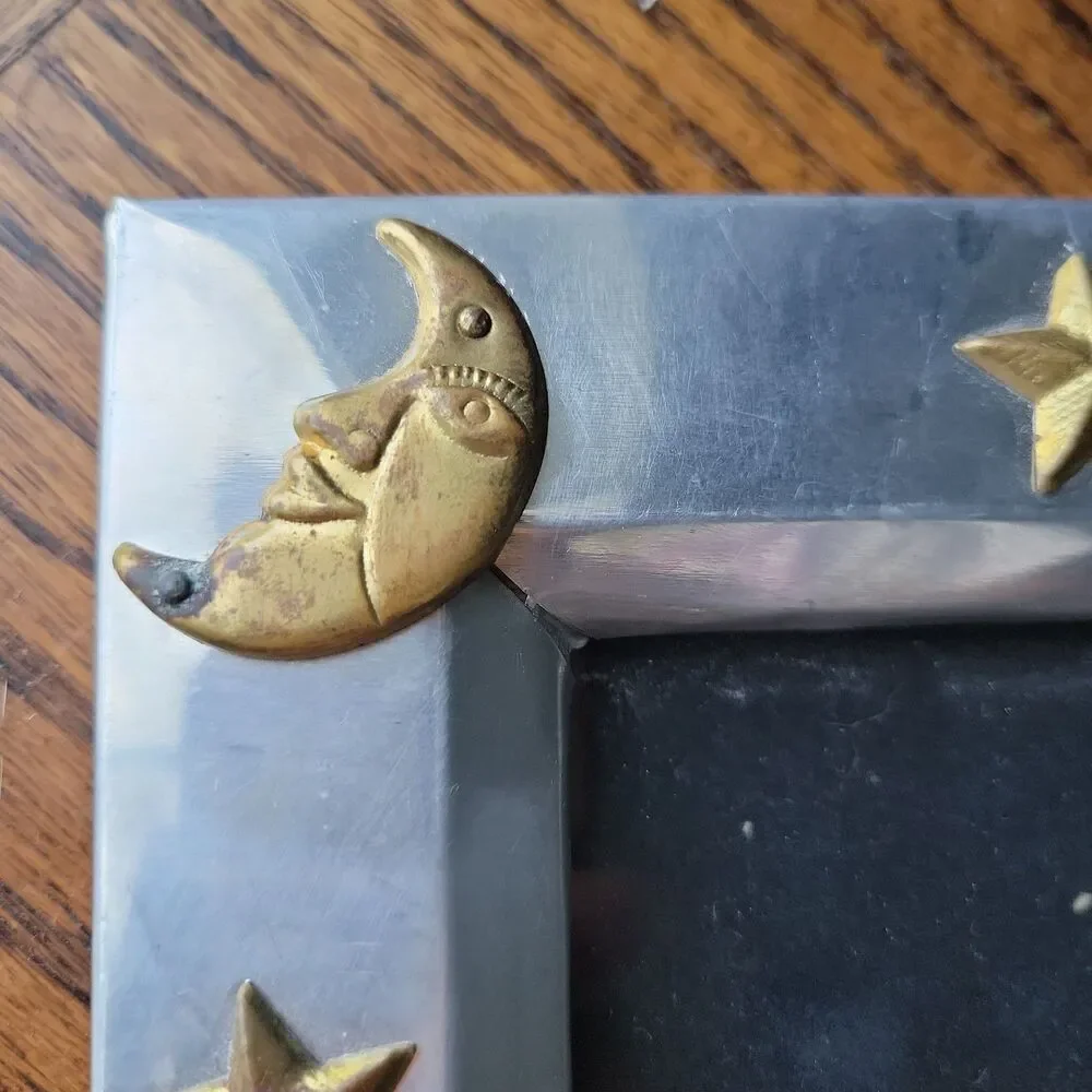 Vtg 90s celestial photo frame 4x6 in pewter and gold RARE READ Y2k Moon Sun Star